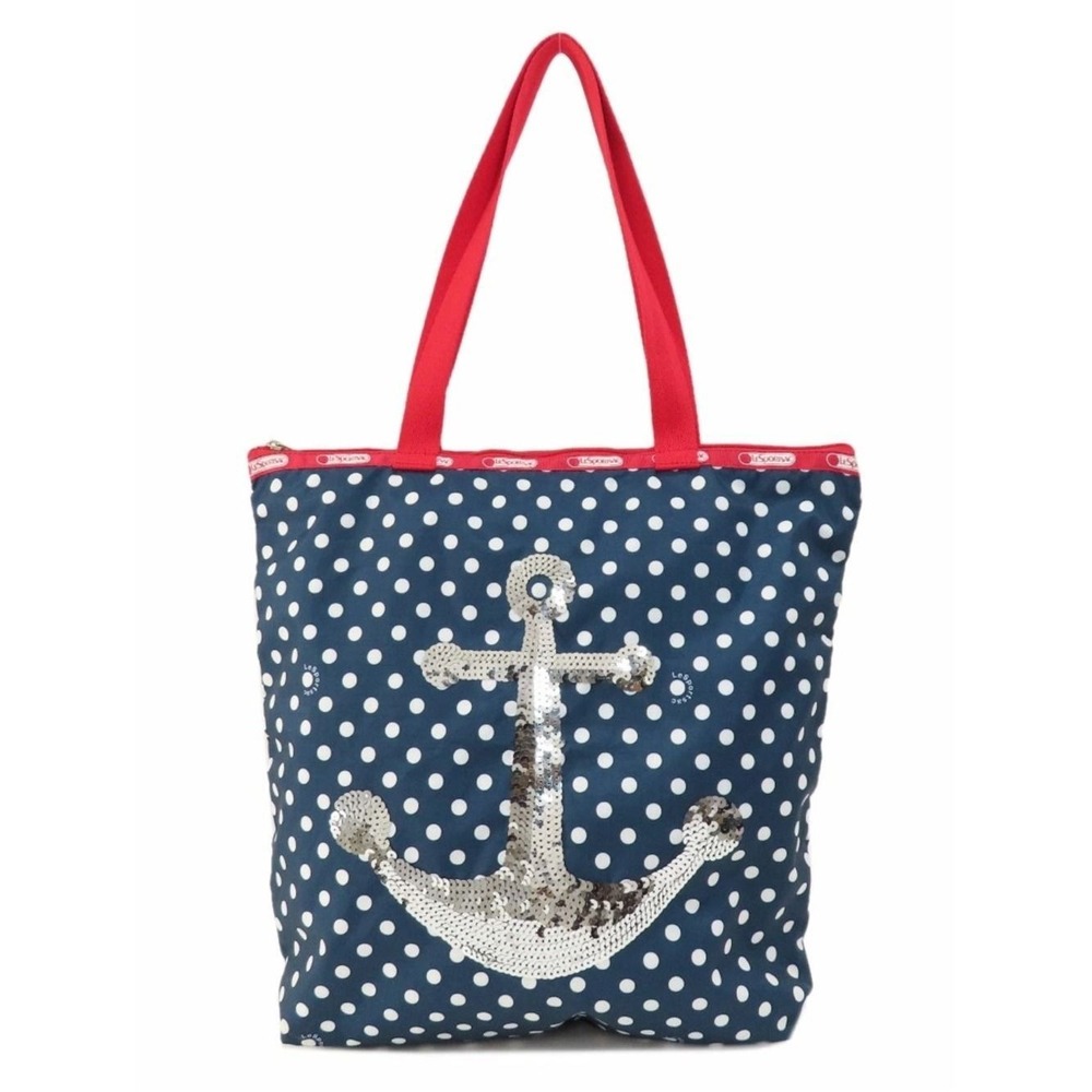 LeSportsac Tote Bag Polka Dots Anchor Sequins Navy Red White Beach Nautical Zip